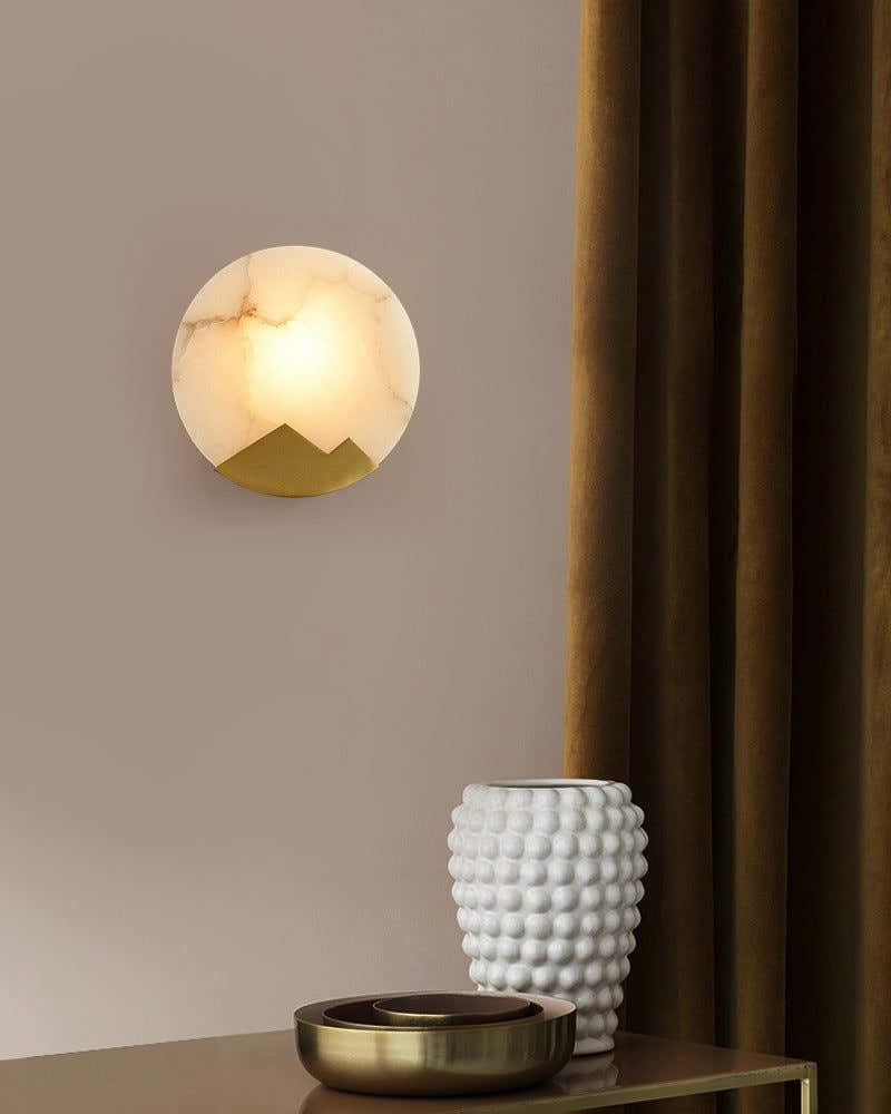 Nordic Alabaster Brass Wall Sconce Light Fixture 8" with Mountain-shaped Frame