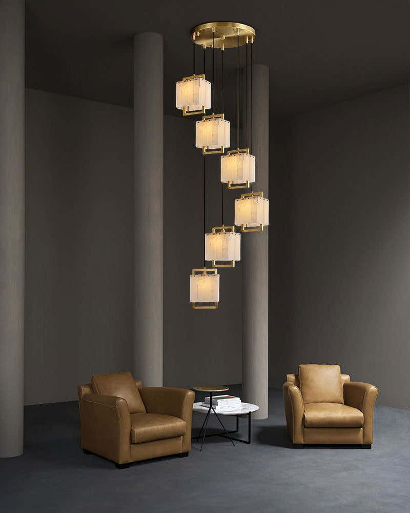 Square Alabaster Pendants Ceiling Long Cord Chandelier Wide 6" in Golden Frame