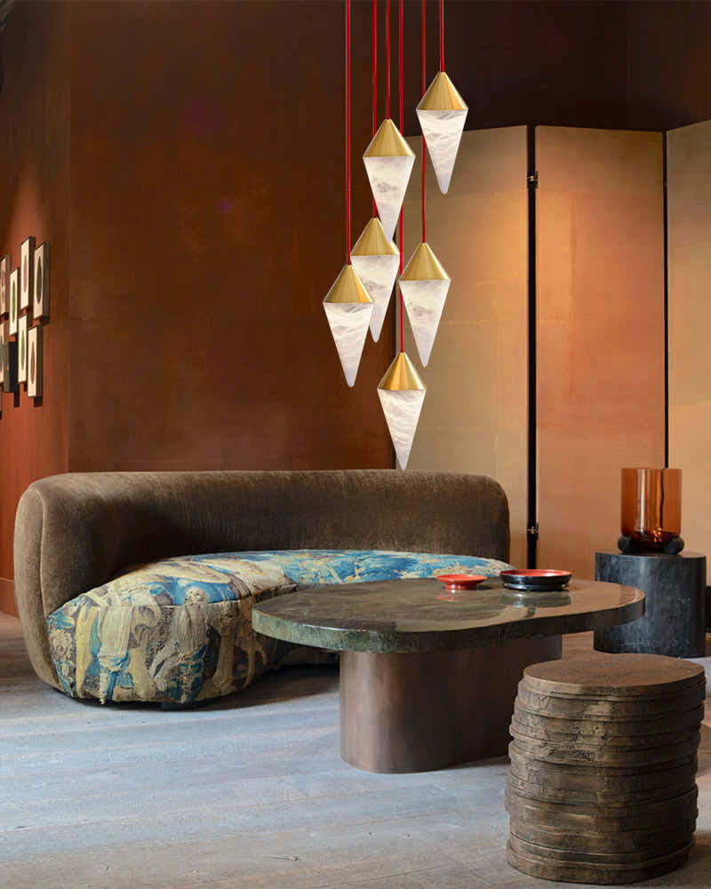 Classic Conical Cluster Alabaster Dome Ceiling Brass&Black Pendant Light