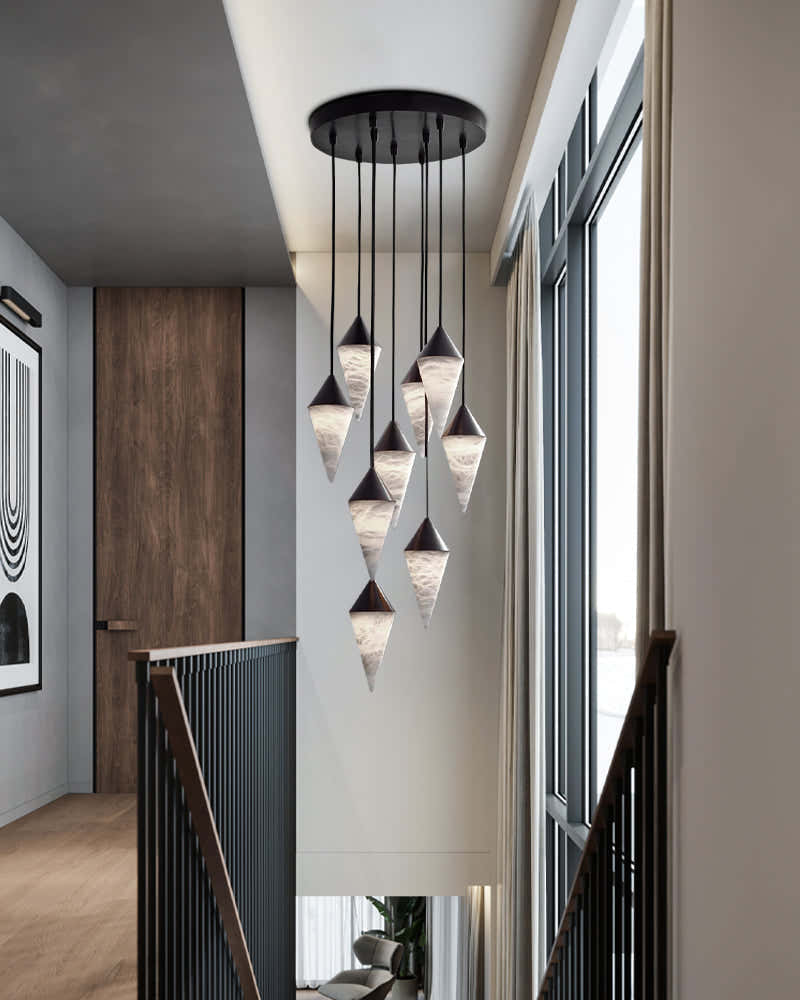 Classic Conical Cluster Alabaster Dome Ceiling Brass&Black Pendant Light