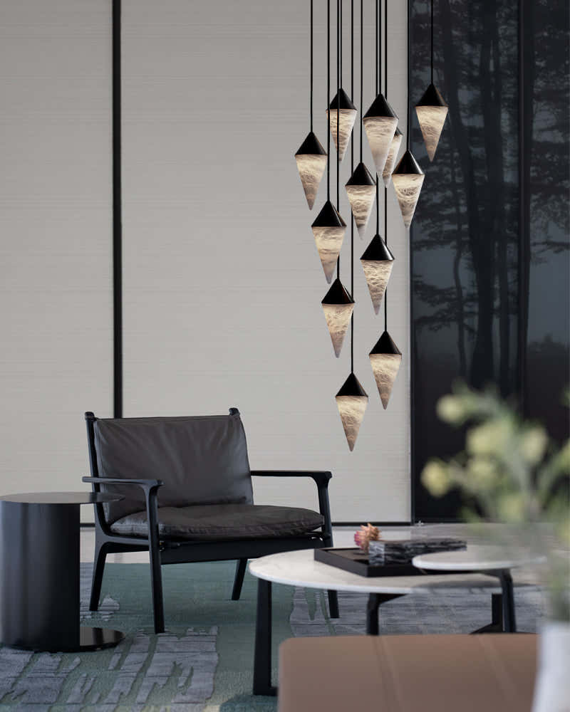Classic Conical Cluster Alabaster Dome Ceiling Brass&Black Pendant Light