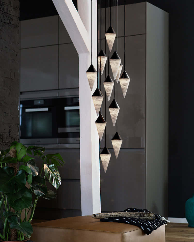 Classic Conical Cluster Alabaster Dome Ceiling Brass&Black Pendant Light