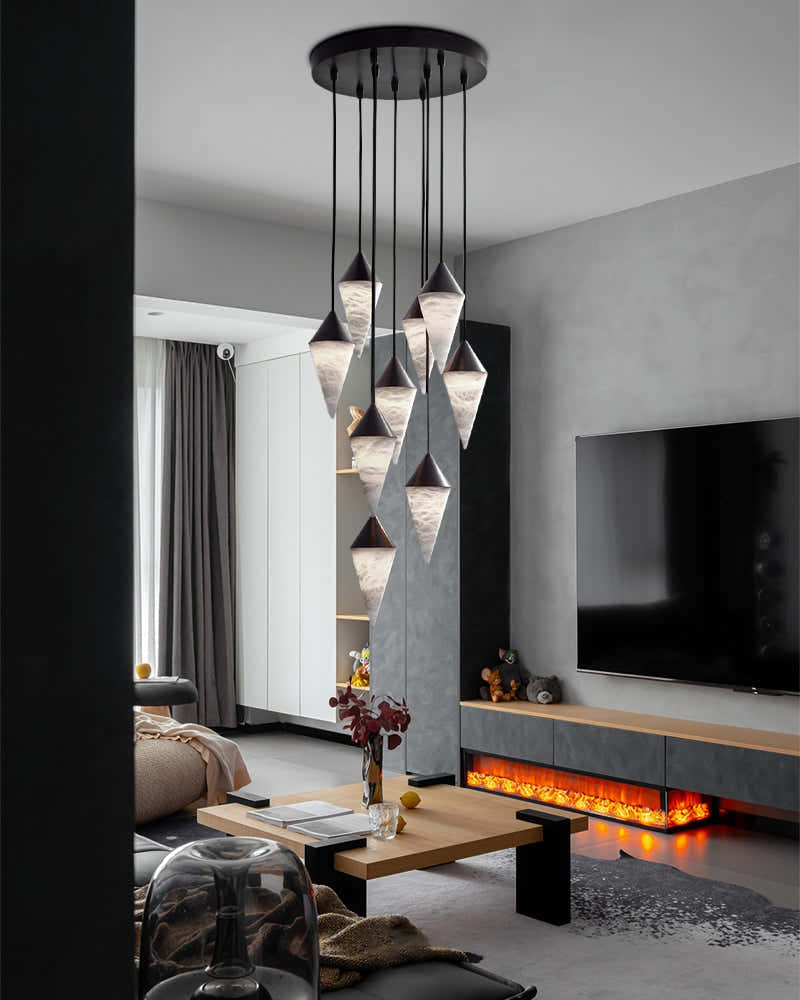Classic Conical Cluster Alabaster Dome Ceiling Brass&Black Pendant Light