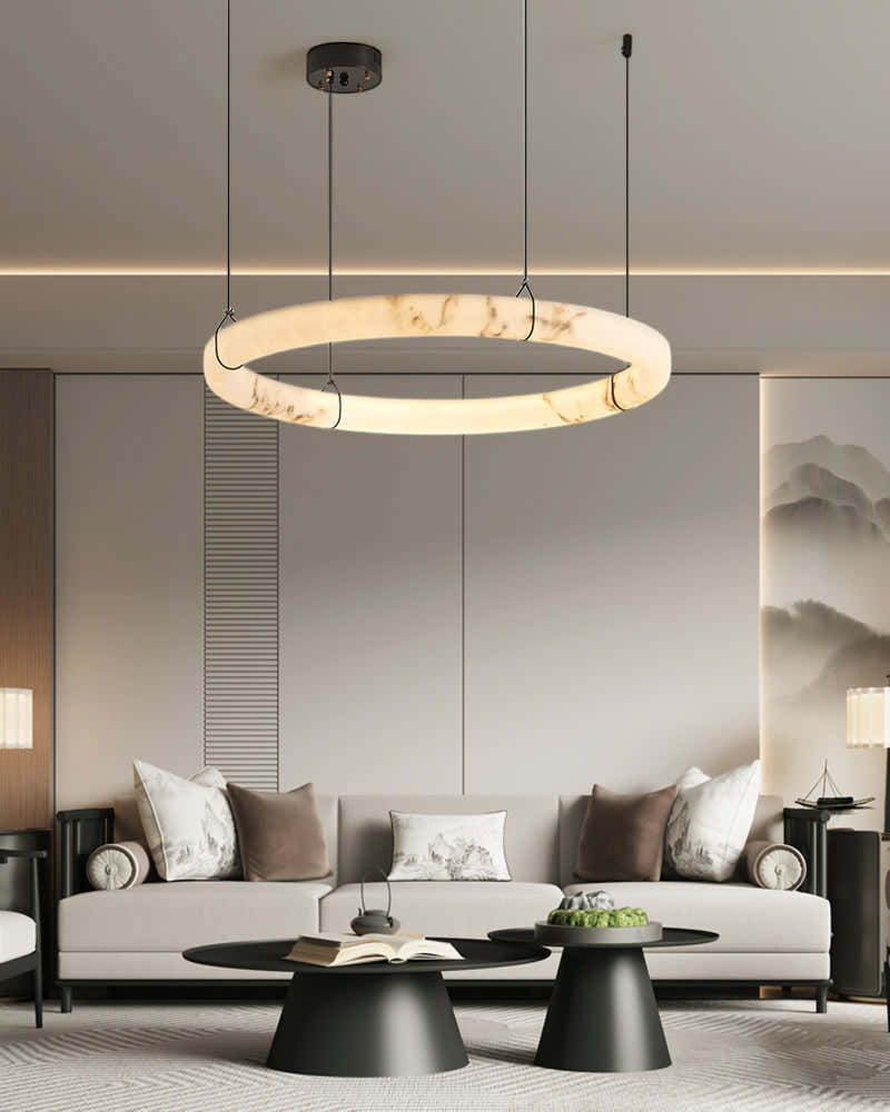 Triple Round Modern Ring Alabaster Pendant Light hanging on Black Metal Pole