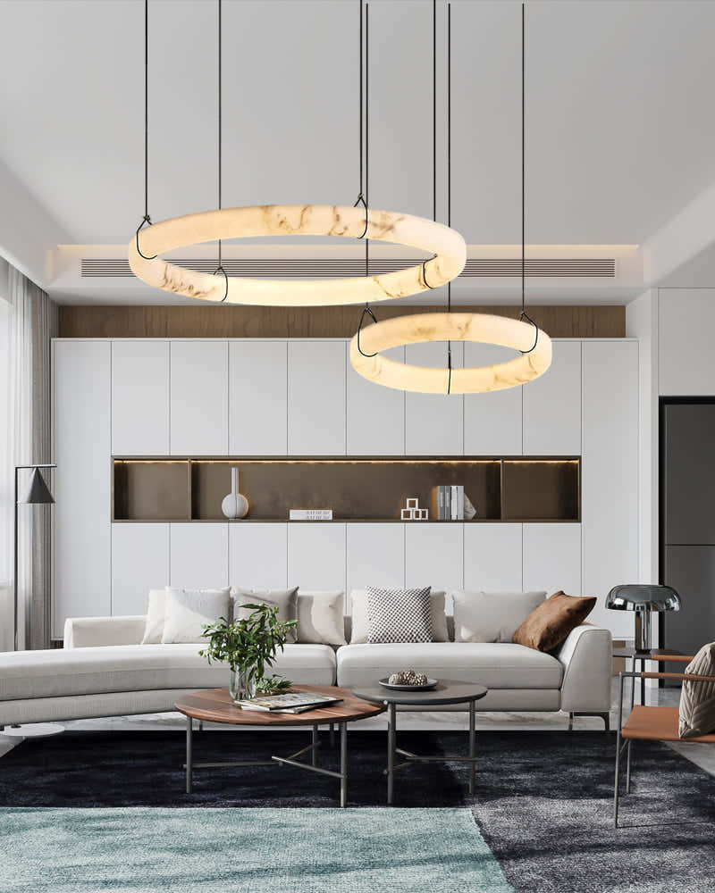 Triple Round Modern Ring Alabaster Pendant Light hanging on Black Metal Pole
