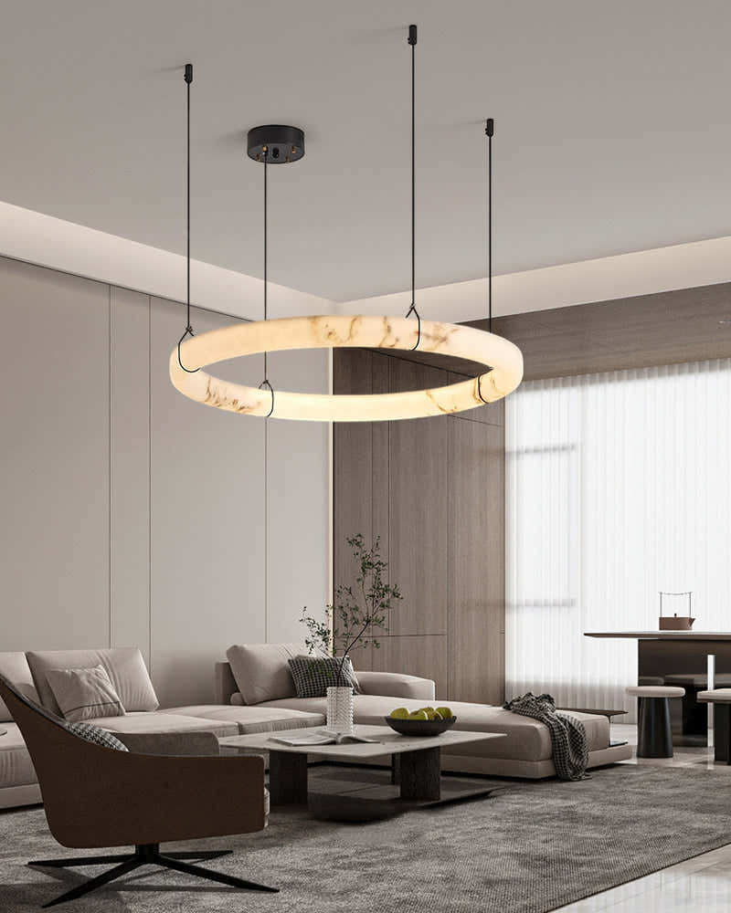 Triple Round Modern Ring Alabaster Pendant Light hanging on Black Metal Pole