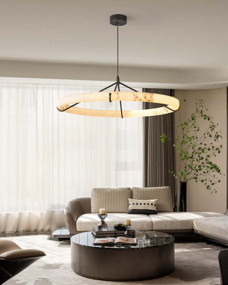 Triple Round Modern Ring Alabaster Pendant Light hanging on Black Metal Pole