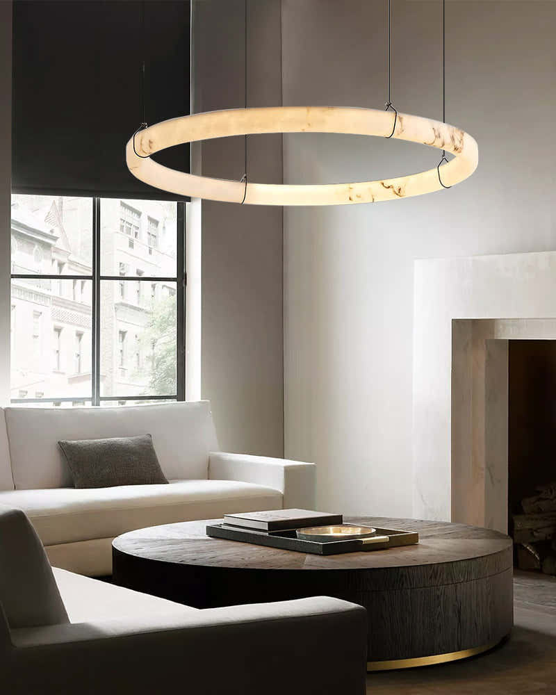 Triple Round Modern Ring Alabaster Pendant Light hanging on Black Metal Pole