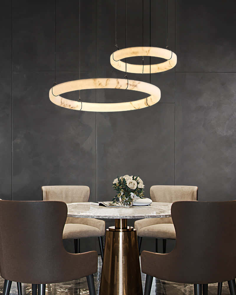 Triple Round Modern Ring Alabaster Pendant Light hanging on Black Metal Pole
