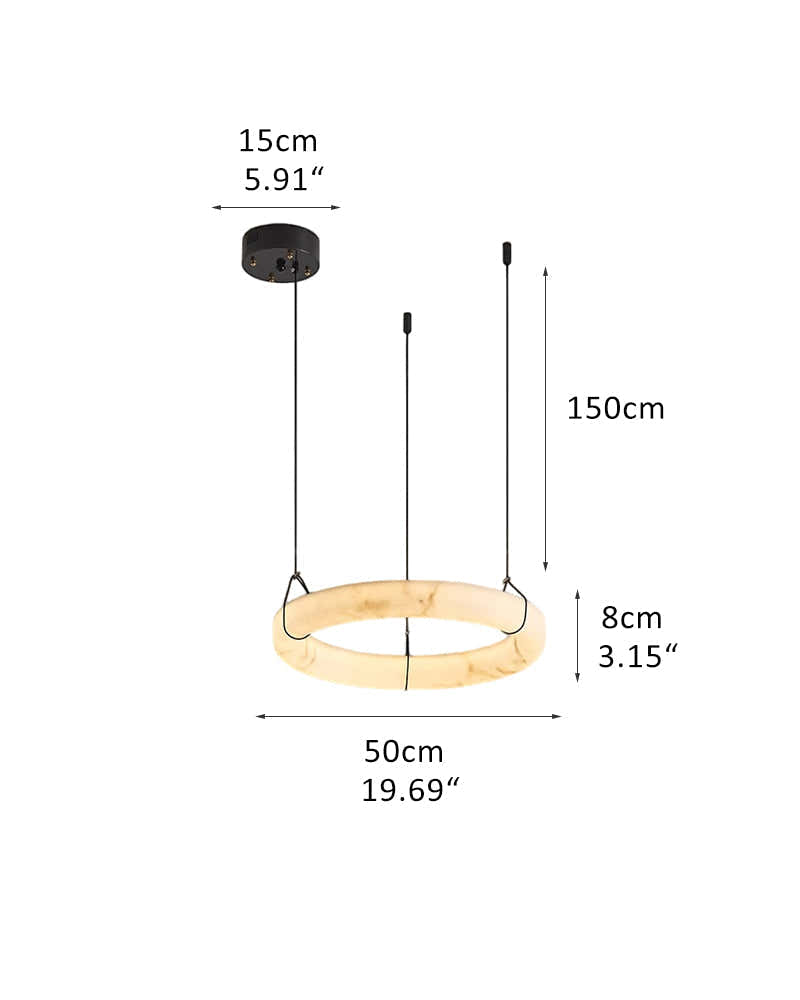 Triple Round Modern Ring Alabaster Pendant Light hanging on Black Metal Pole