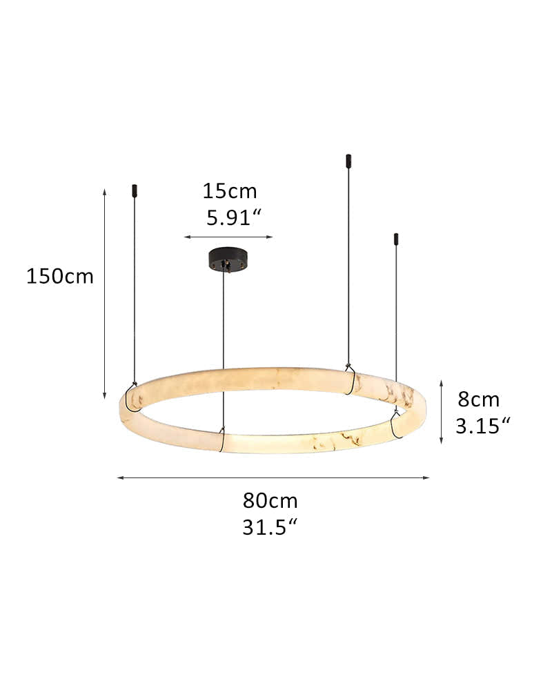 Triple Round Modern Ring Alabaster Pendant Light hanging on Black Metal Pole