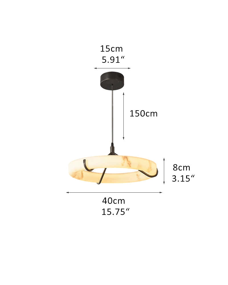 Triple Round Modern Ring Alabaster Pendant Light hanging on Black Metal Pole