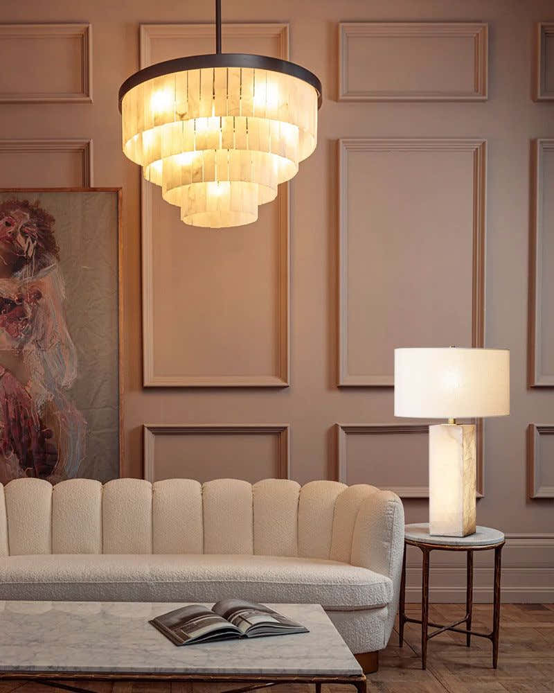 Warm White Modern Round Multi-Tier Alabaster Foyer Chandeliers in Black Frame