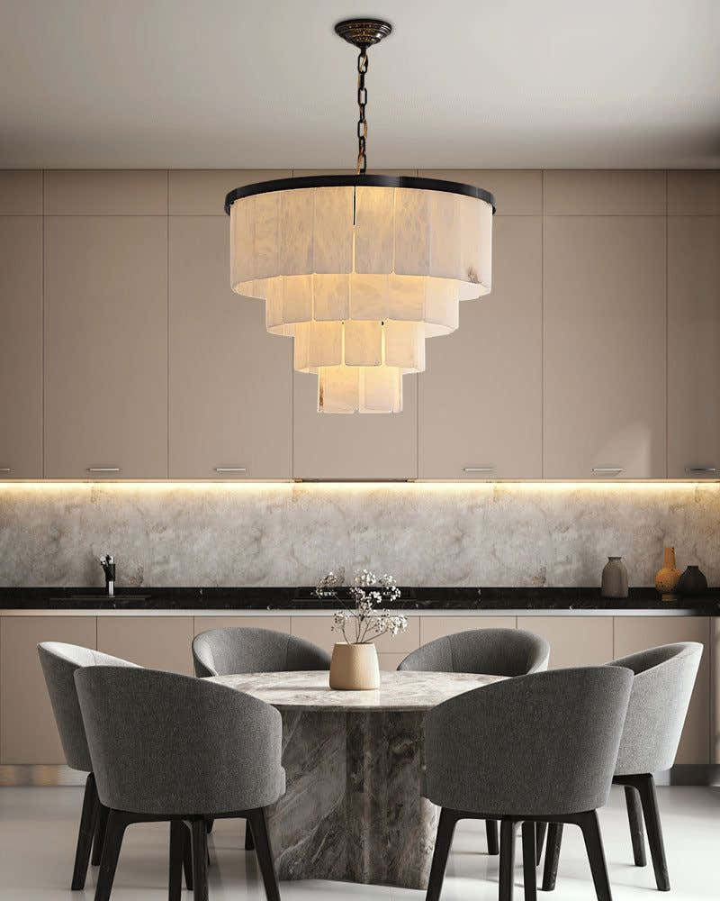 Warm White Modern Round Multi-Tier Alabaster Foyer Chandeliers in Black Frame