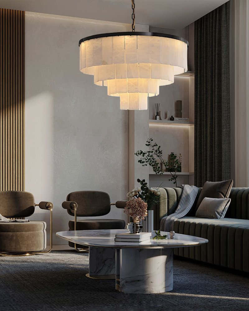 Warm White Modern Round Multi-Tier Alabaster Foyer Chandeliers in Black Frame