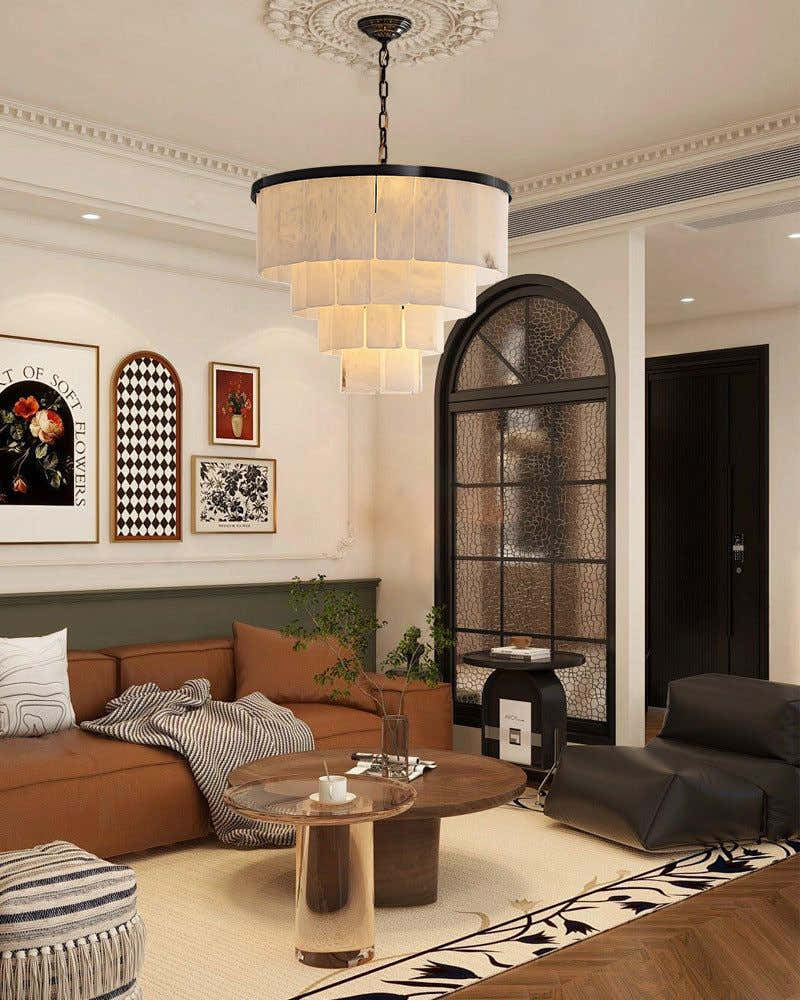 Warm White Modern Round Multi-Tier Alabaster Foyer Chandeliers in Black Frame