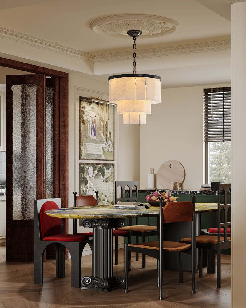 Warm White Modern Round Multi-Tier Alabaster Foyer Chandeliers in Black Frame