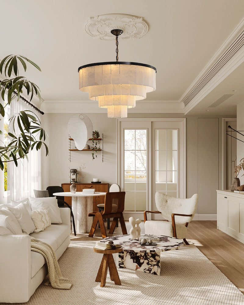 Warm White Modern Round Multi-Tier Alabaster Foyer Chandeliers in Black Frame