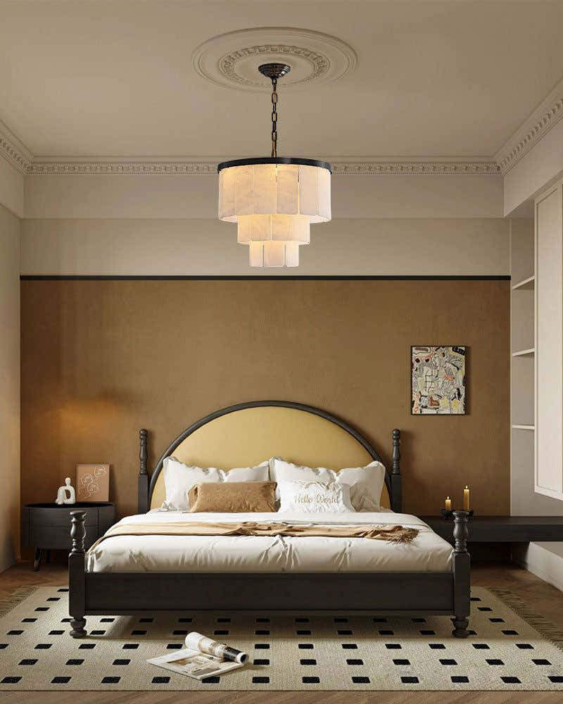 Warm White Modern Round Multi-Tier Alabaster Foyer Chandeliers in Black Frame