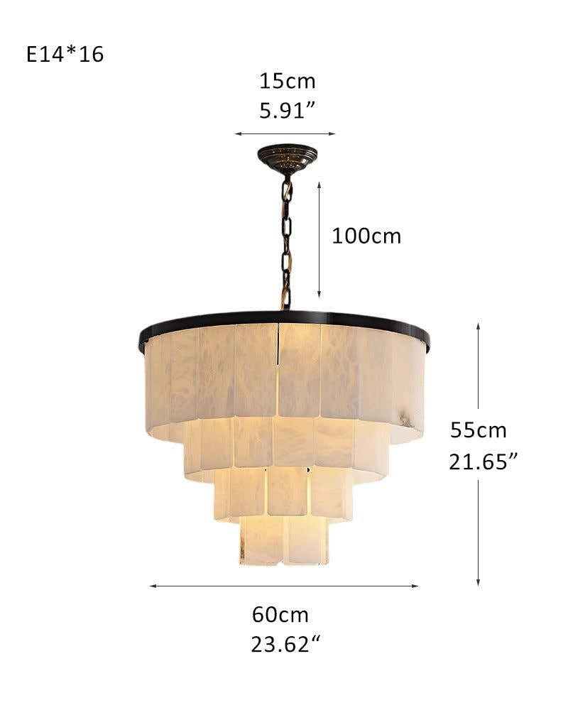 Warm White Modern Round Multi-Tier Alabaster Foyer Chandeliers in Black Frame