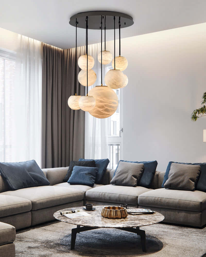 Modern Moon Alabaster Sphere Multi-Light Chandelier Indoor Lighting