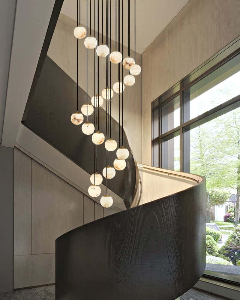 22 Light 6" Wide LED Multi Light Pendant with Alabaster Shade For Staircase