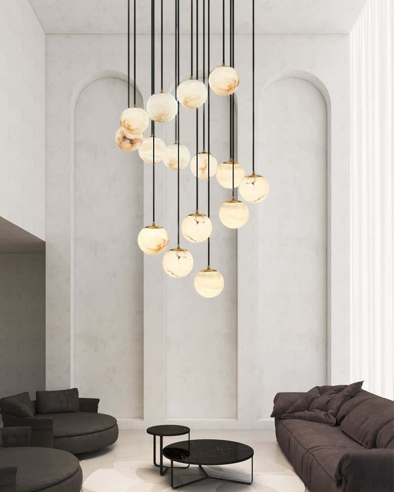 22 Light 6" Wide LED Multi Light Pendant with Alabaster Shade For Staircase
