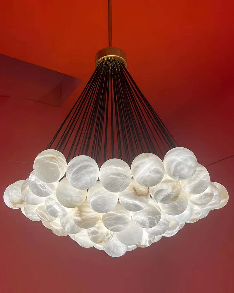 30 lights Cluster Alabaster Globe Chandelier with long cord for high ceiling entrance