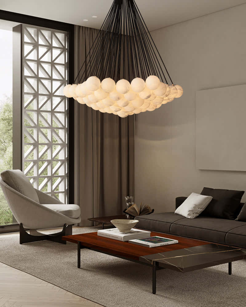 30 lights Cluster Alabaster Globe Chandelier with long cord for high ceiling entrance