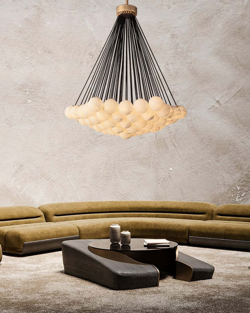 30 lights Cluster Alabaster Globe Chandelier with long cord for high ceiling entrance