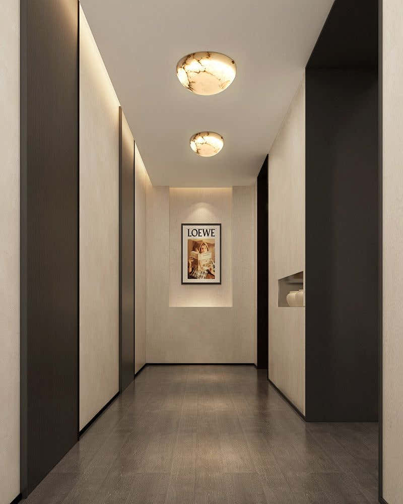 LED Alabaster Semi-Flush Ceiling Light with Round Bowl in brushed brass for living room, hallway