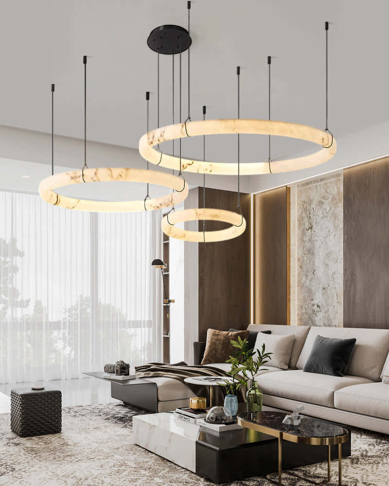 40W Modern Ring Alabaster Pendant Light hanging on black metal pole decor for living room
