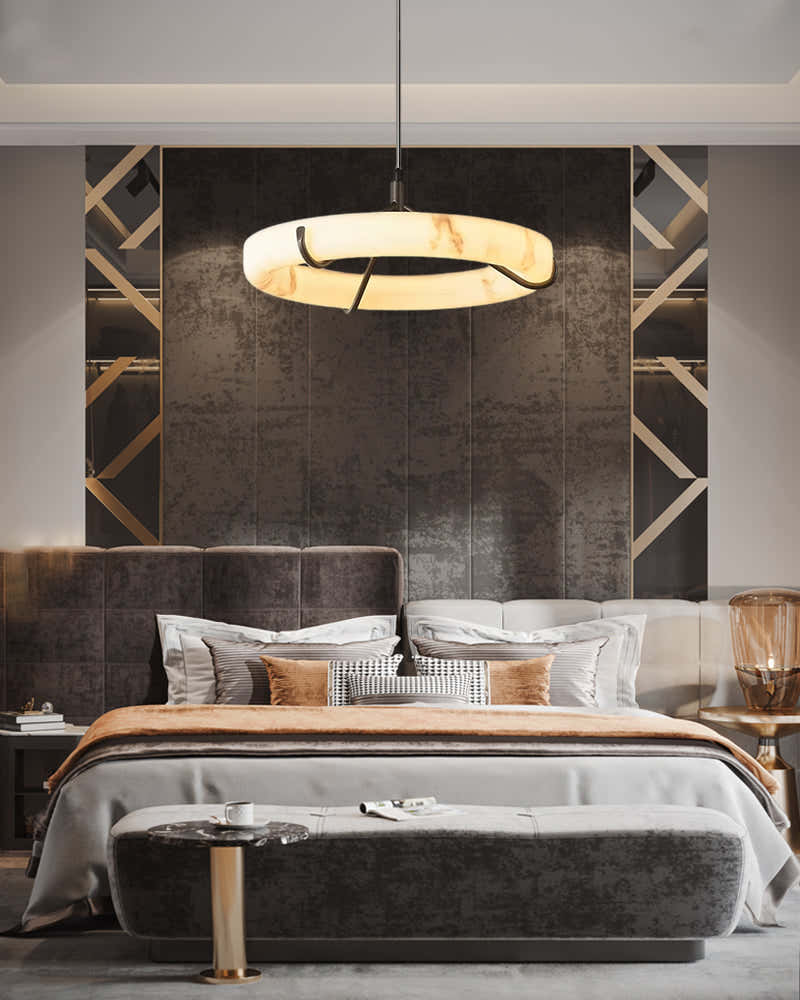 40W Modern Ring Alabaster Pendant Light hanging on black metal pole decor for living room