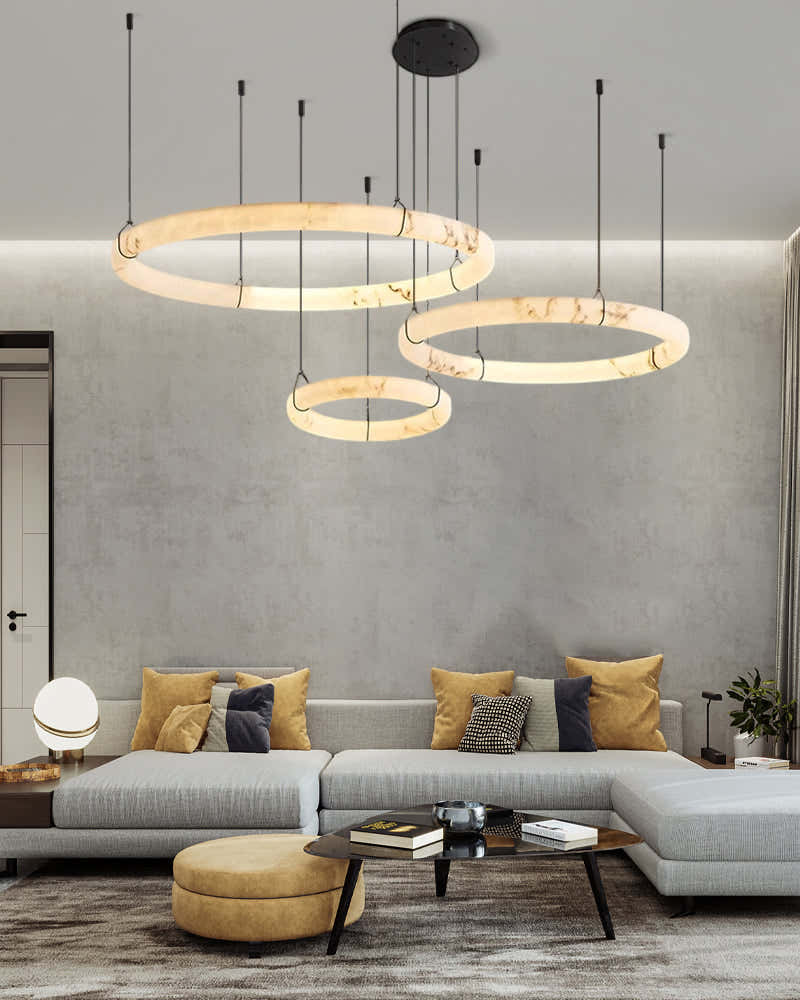 40W Modern Ring Alabaster Pendant Light hanging on black metal pole decor for living room