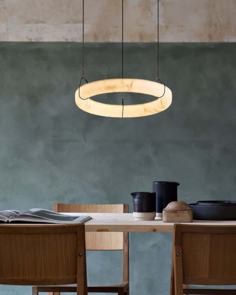 40W Modern Ring Alabaster Pendant Light hanging on black metal pole decor for living room