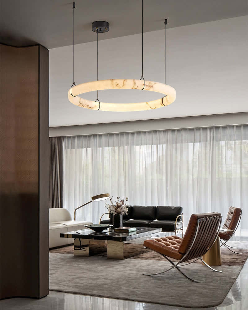 40W Modern Ring Alabaster Pendant Light hanging on black metal pole decor for living room