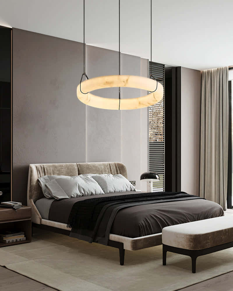 40W Modern Ring Alabaster Pendant Light hanging on black metal pole decor for living room