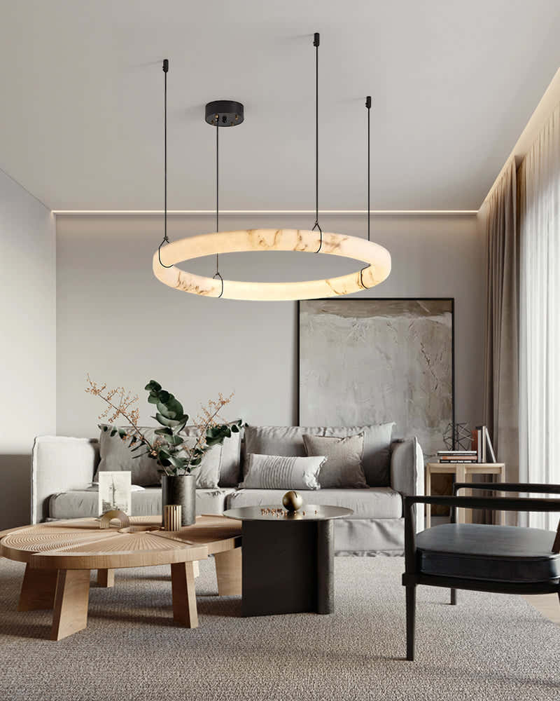 40W Modern Ring Alabaster Pendant Light hanging on black metal pole decor for living room