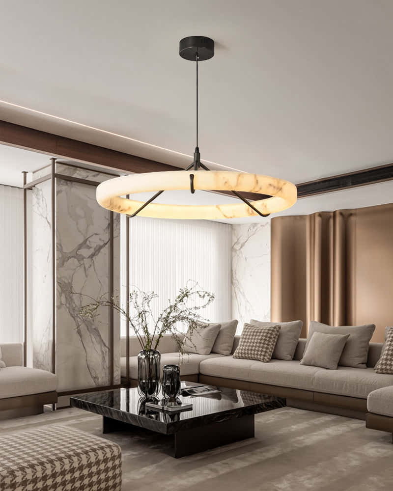 40W Modern Ring Alabaster Pendant Light hanging on black metal pole decor for living room