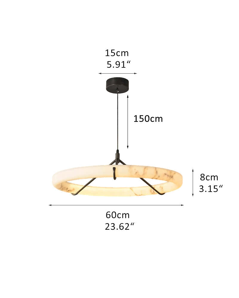 40W Modern Ring Alabaster Pendant Light hanging on black metal pole decor for living room