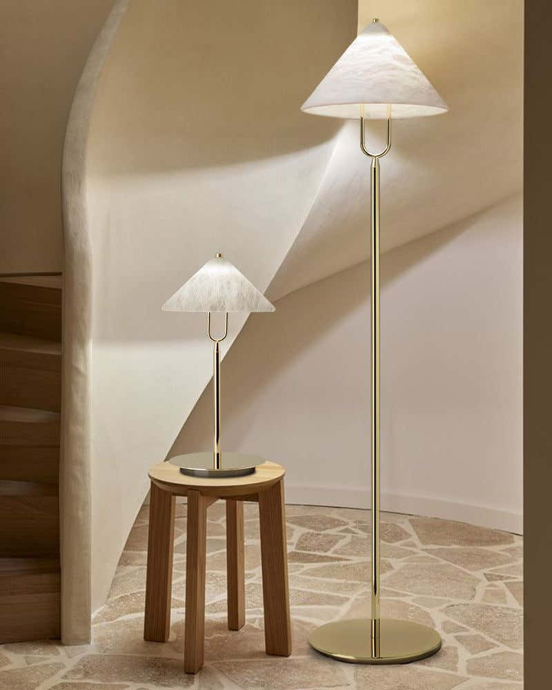 Fuji Aluminum Golden Rod LED Cone Alabaster High Floor Lamp H 55"