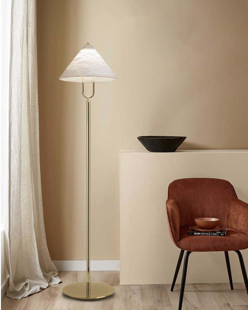 Fuji Aluminum Golden Rod LED Cone Alabaster High Floor Lamp H 55"