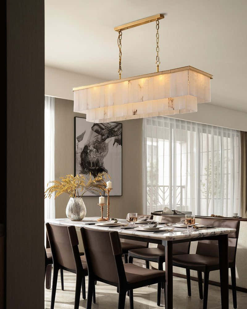 Modern White Alabaster Shade Multi-Layer Rectangle Chandelier