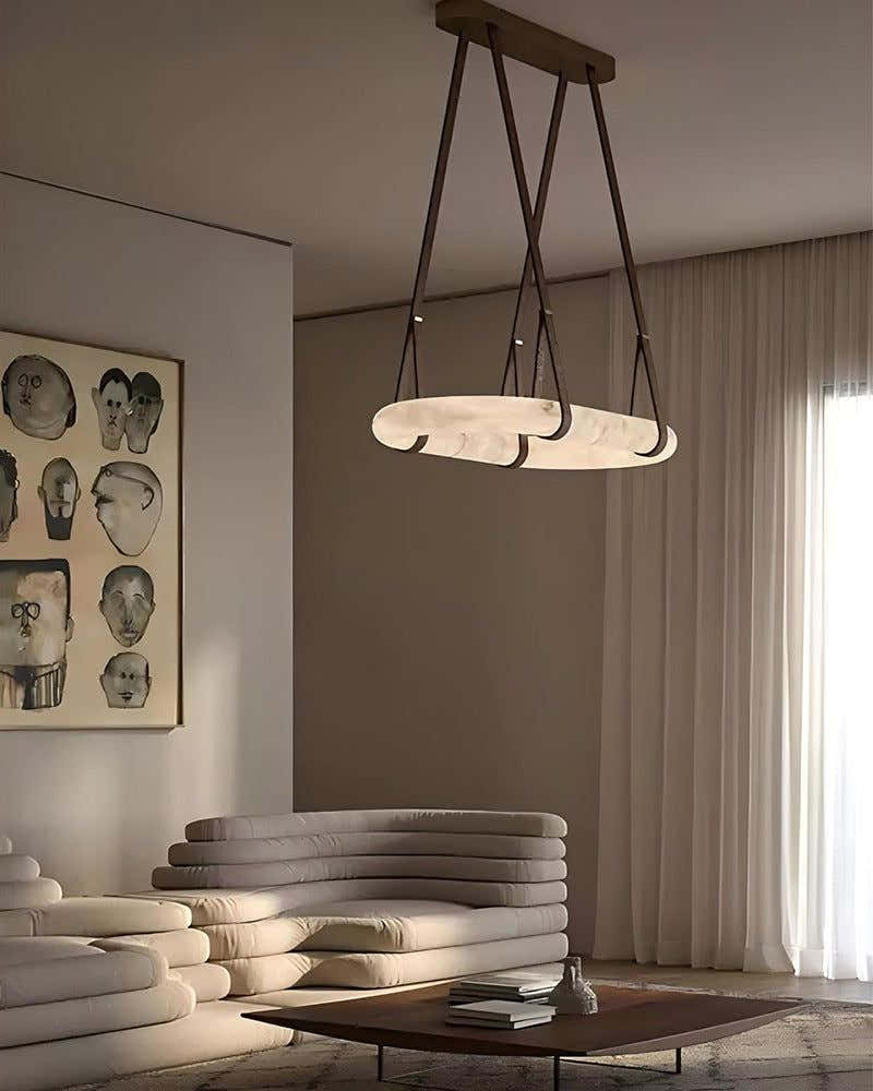 Oval Alabaster LED Large Pendant lamp with adjustable leather, Dia 16/24"