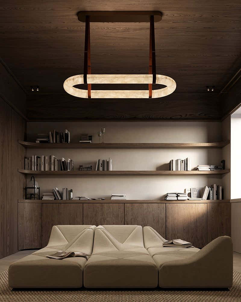 Oval Alabaster LED Large Pendant lamp with adjustable leather, Dia 16/24"