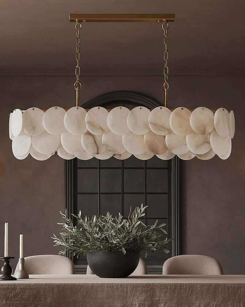 Rectangular Alabaster Chandelier Dia 100/120 with Round Shell Piece String Ceiling for Dining room