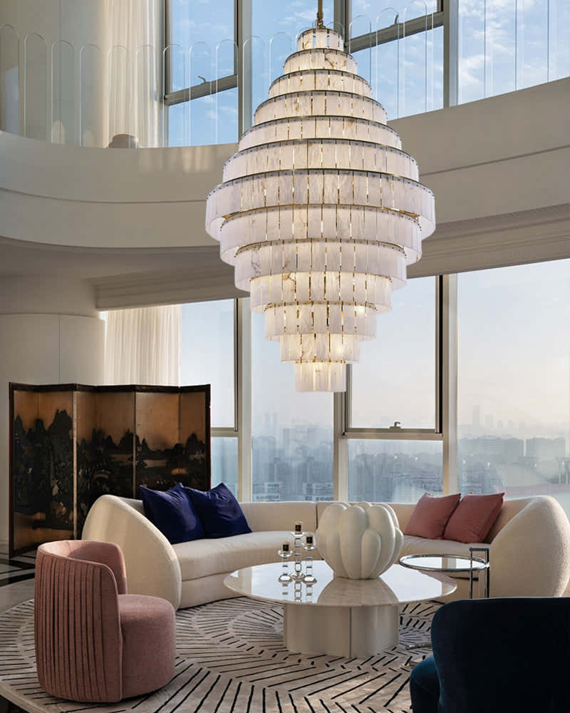 Stairwell Luxury Modern LED High Ceiling Large Alabaster Chandelier