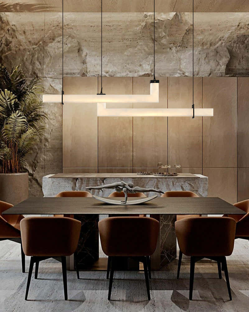 Up & Down Lighting Linear Brown Leather Alabaster Linear Pendant Lights Long 39“ 47”