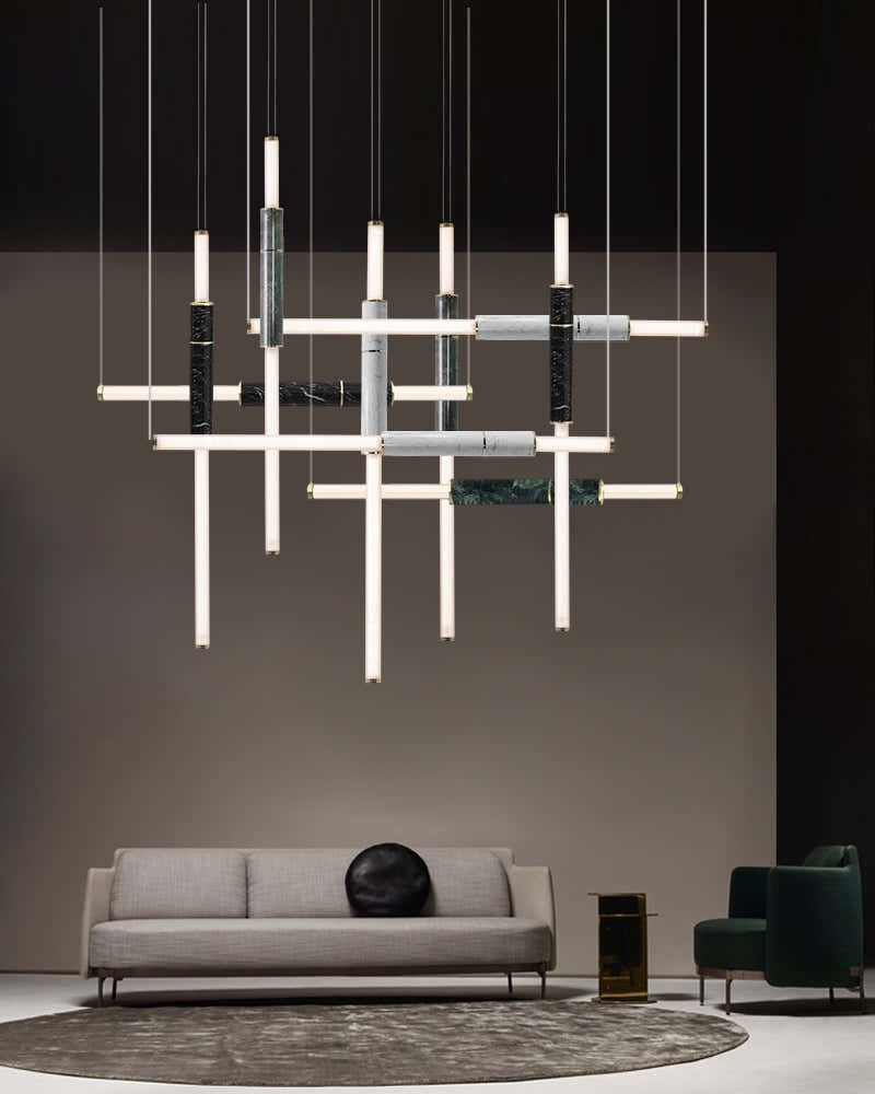 Linear Pipe Alabaster & Acrylic Pendant Light for dining room | vertically & horizontally