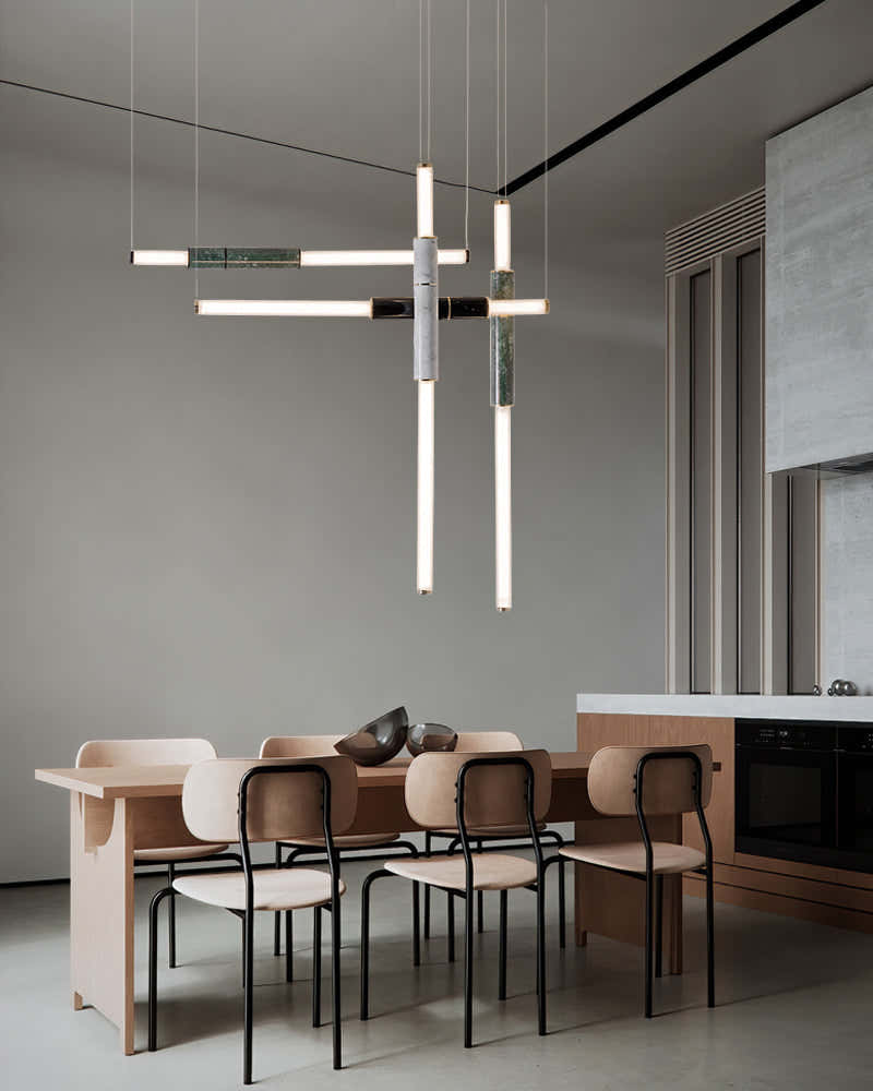 Linear Pipe Alabaster & Acrylic Pendant Light for dining room | vertically & horizontally